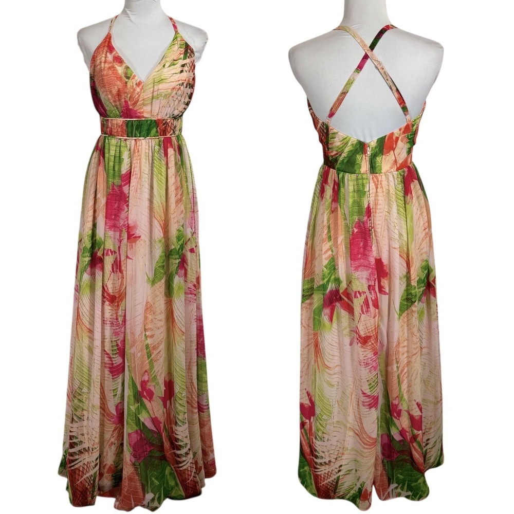 Venus Chiffon Floral Maxi Dress Sz 4 Empire Waist‎ Flowy Resort Tropical Wedding